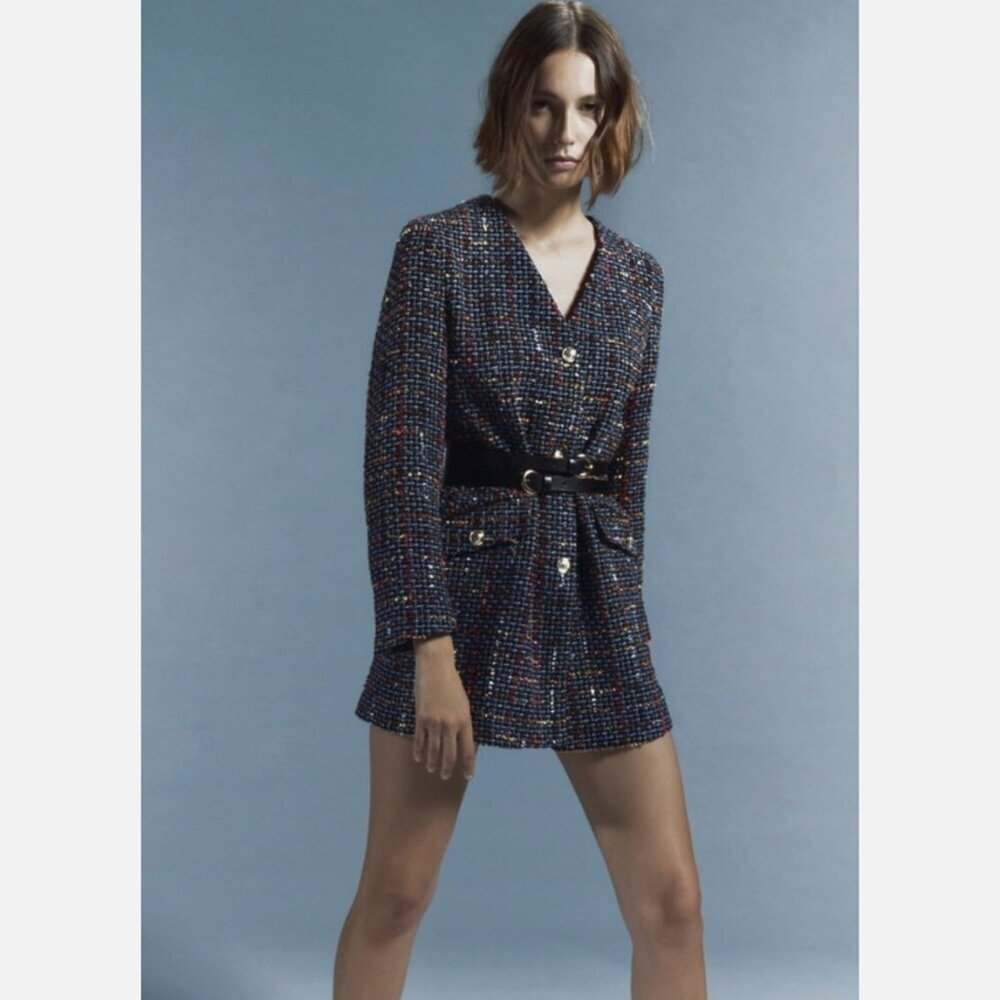 Zara Multicolor Tweed Blazer Gold Button Jacket/Dress, Size S